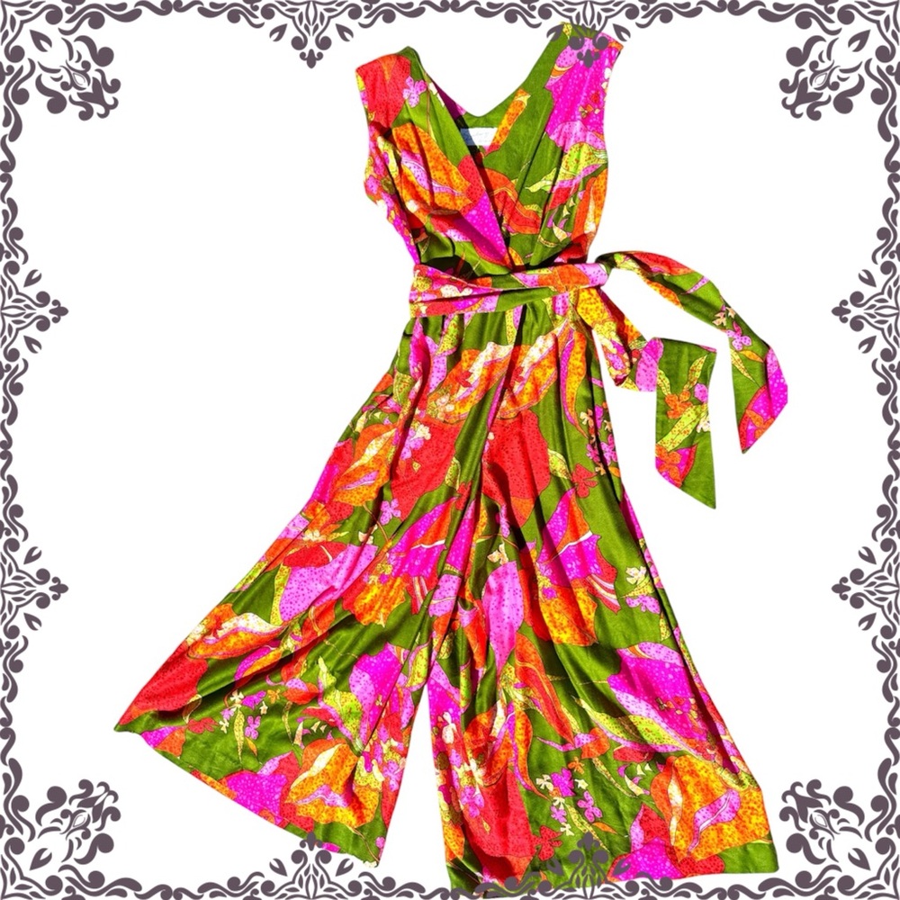 Vintage 70s Neon Barkcloth Floral Wide-Leg Palazzo Jumpsuit